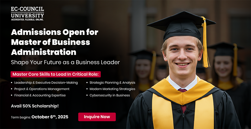 A program overview of EC-Council University Online MBA with specializations in Cybersecurity Executive Leadership & Governance or Cybersecurity.